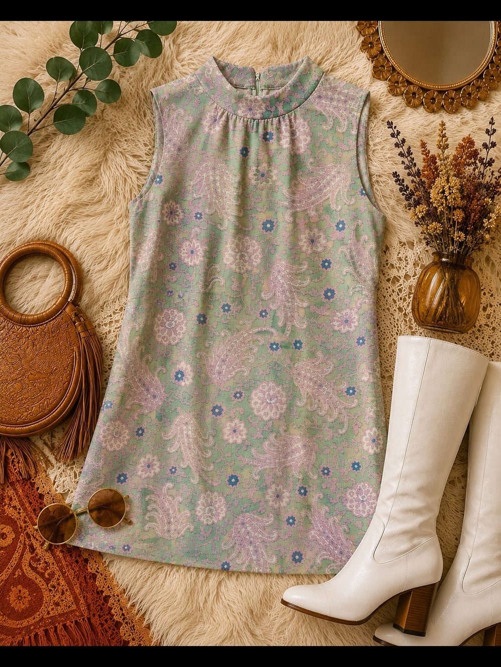 Rare Handmade Vintage  70s Mod Paisley Mini Dress 18ptp